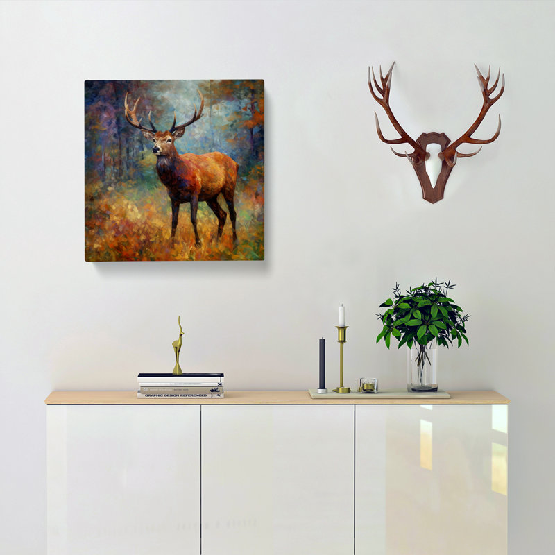 Stag Neo-Impressionism - Wrapped Canvas - Framed Print, 50cm H x 50cm W x 3cm D