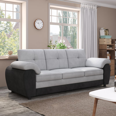 Canapé moderne à 3 places de 81,9 po, revêtu de cuir noir et velours gris clair
