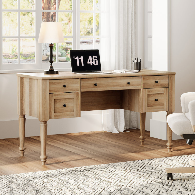 Scarlett Farmhouse 56'' Executive Desk With 5 Drawers, Home Office Desks With Charging Station, Wood Computer Desk With Rear Storage Compartment Design, Writing Desk For Work And Study