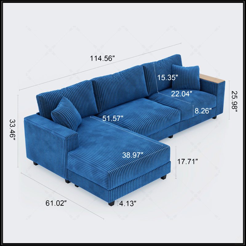 Canapé modulaire en L Corduroy avec méridienne réversible, rangement caché et deux coussins pour les salons modernes