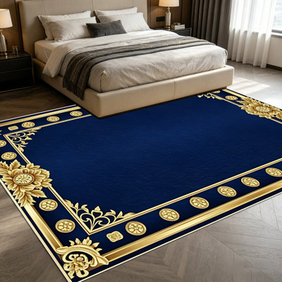 Tapis 1 pièce orné de filigranes bleu marine rétro pour le salon, doux et confortable, convenant à toutes les saisons, facile à entretenir, lavable à la machine, tapis de ferme sous la table convenant à la table à manger, à la chambre à coucher, au vestibule, à la cuisine,