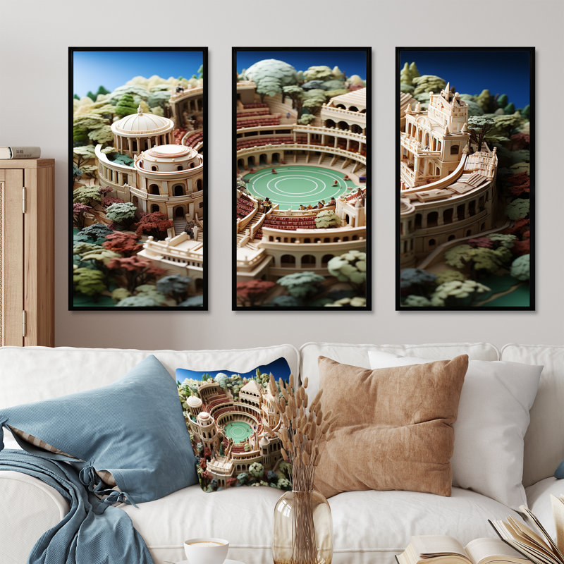 Grand Slam Arena A Tennis Stadium - Stades, ensemble d'art mural sur toile, Cadre flottant noir, H 40 po x l 60 po x P 1 po