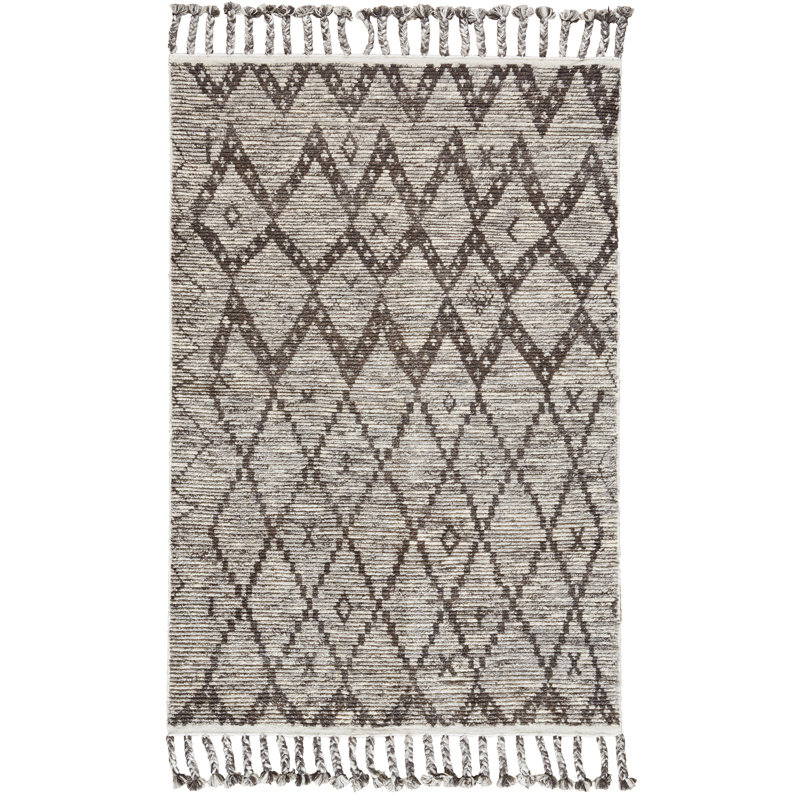 Masham Geometric Hand-Knotted Wool/Cotton Stone Area Rug, Rectangle 9'6" x 13'6"