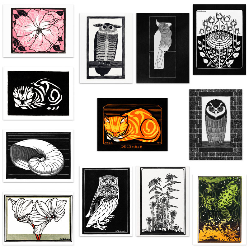The Julie De Graag Collection Owl Cat Frog Fern Plants Animals 12-Piece Set Unframed Wall Art Prints Bathroom Bedroom Art Nouveau Illustrations