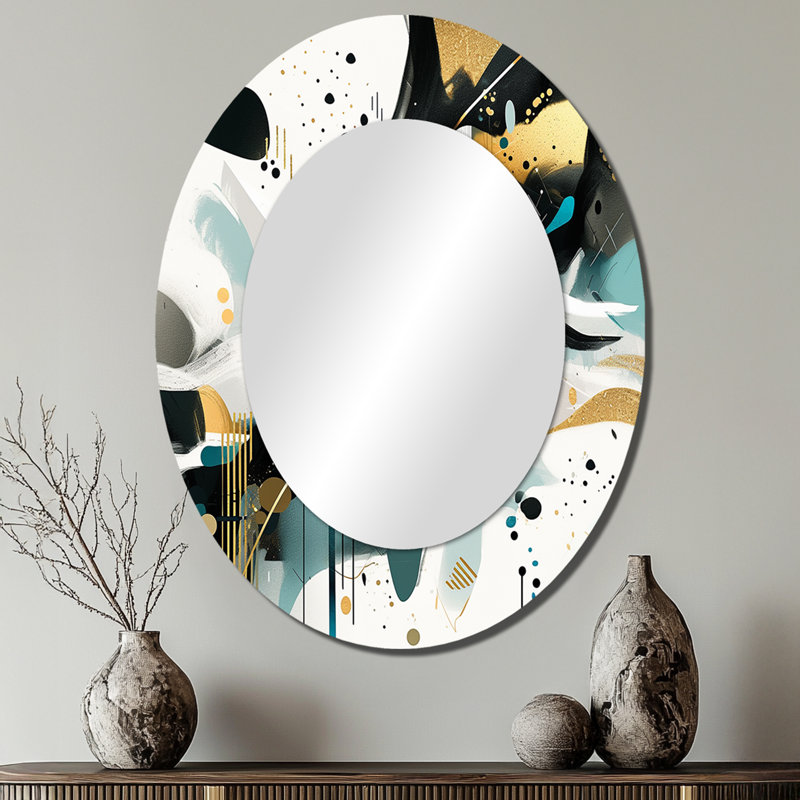 Teal Gold Cubist Kaleidoscope III - Abstract Oval Decorative Mirror On Metal, 40" x 30"