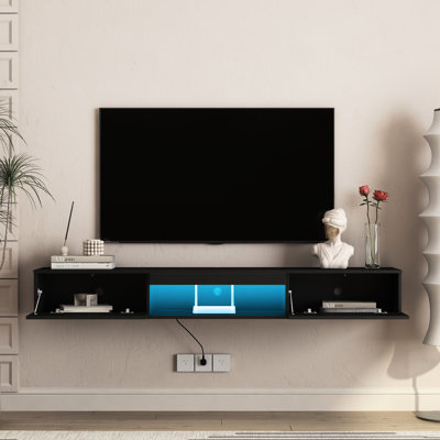 Meuble télé flottant mural, 16 couleurs DEL, 69 po pour téléviseur moderne de 65 po, noir, grand rangement, gestion des câbles et installation avec panneau de porte ultrabrillant