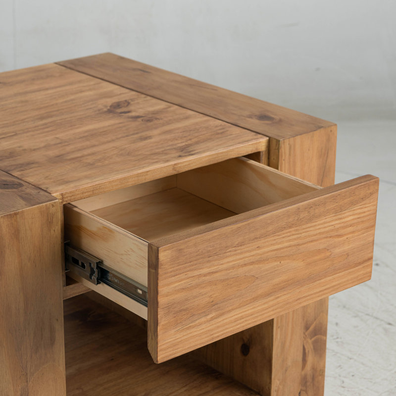Table élégante en chêne - Fonction de mélange et esthétique, plateau de table épais, roulettes, tiroirs à espace ouvert avec finition rectangulaire en chêne, options de rangement à mobilité réduite