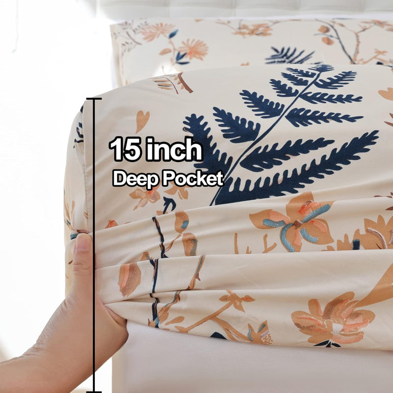 Boho Floral Printed Sheet Set Queen 4 Piece, Soft Botanical Pattern Microfiber Sheets Extra Deep Pocket
