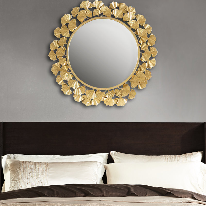 Miroir mural rond 30,5 po avec éléments en feuille d'or, cadre en fer, miroir, nettoyage des taches, installation rapide en métal
