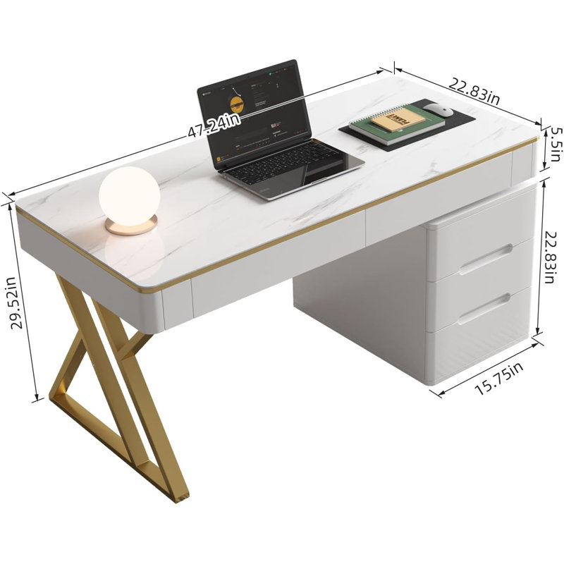 Bureau de direction avec tiroirs et armoires, bureau d'ordinateur blanc avec tiroirs avec plateau en verre trempé et motif en marbre, bureau à domicile moderne de 47 pouces avec station de charge pour bureau, salon, chambre à coucher