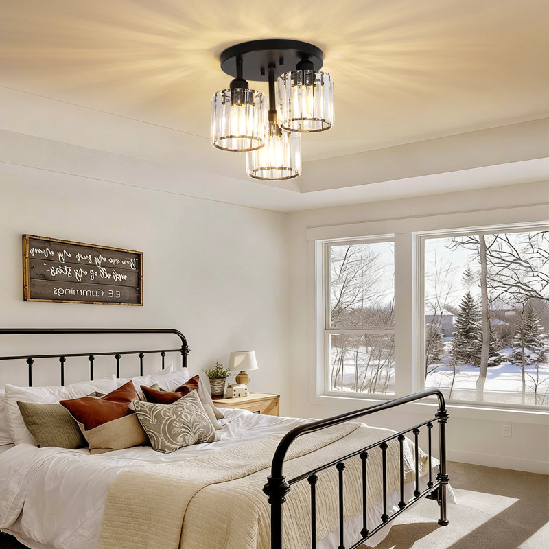 Plafonnier semi-encastré 3 lumières, luminaire moderne en cristal noir mat pour la cuisine, le vestibule et la chambre à coucher