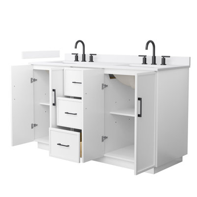 Elan 60 Inch Double Bathroom Vanity with Toe Kick in White, White Cultured Marble Countertop, Undermount Square Sinks (3-Hole), Matte Black Trim
