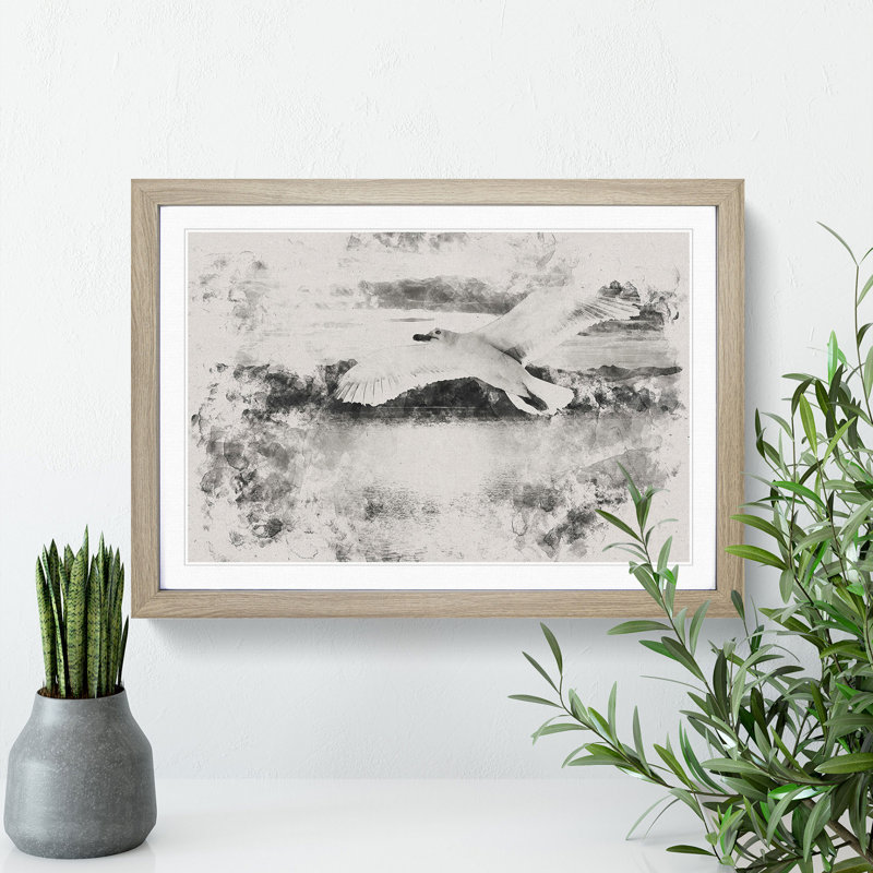 Seagull in Flight Vol.2 Watercolour - Picture Frame Graphic Art, 27cm H x 36cm W x 2cm D, Oak