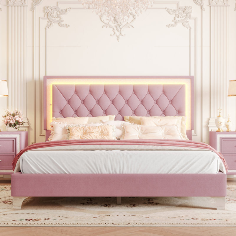 Modern Velvet Platform Bed with Tufted Headboard and Built-In Lighting, Queen, Pink