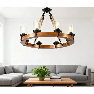 Rustic Wagon Wheel Chandelier Light Fixture With Seeded Glass Shades, Solid Wood Frame Industrial Pendant Lighting For Dining Room Kitchen Island Foyer