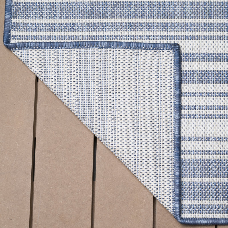 Tapis rayé bleu intérieur / extérieur Waikiki, Rond 6 pi 7 po
