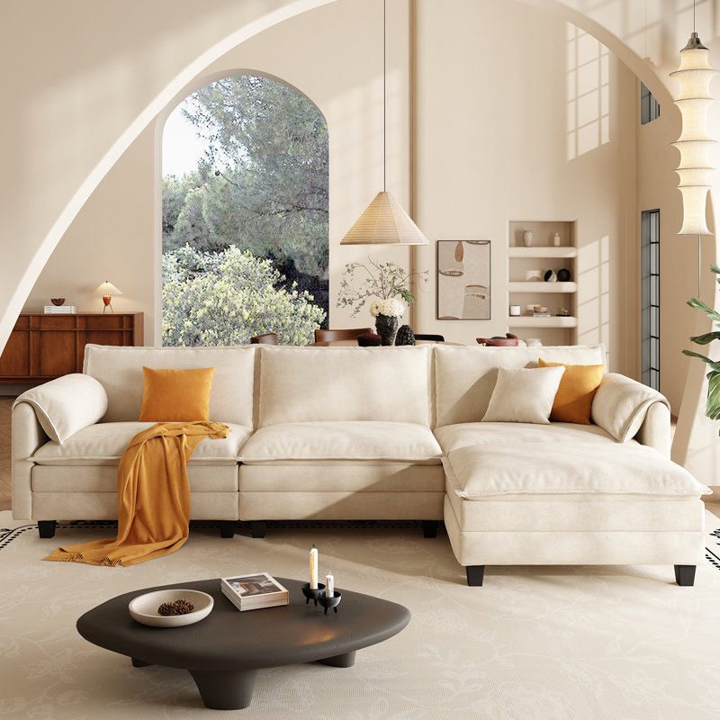 107" L Shaped Modular Sectional Cloud Couch, Beige Chenille