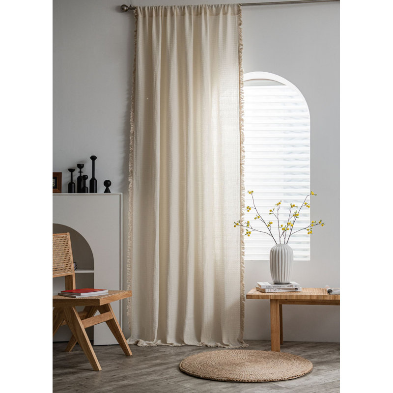 Freshold Windows Curtains Small Grid Vintage Cotton Tassel Window Curtains Panels Beige （Set of 2）, 55" W x 63" L