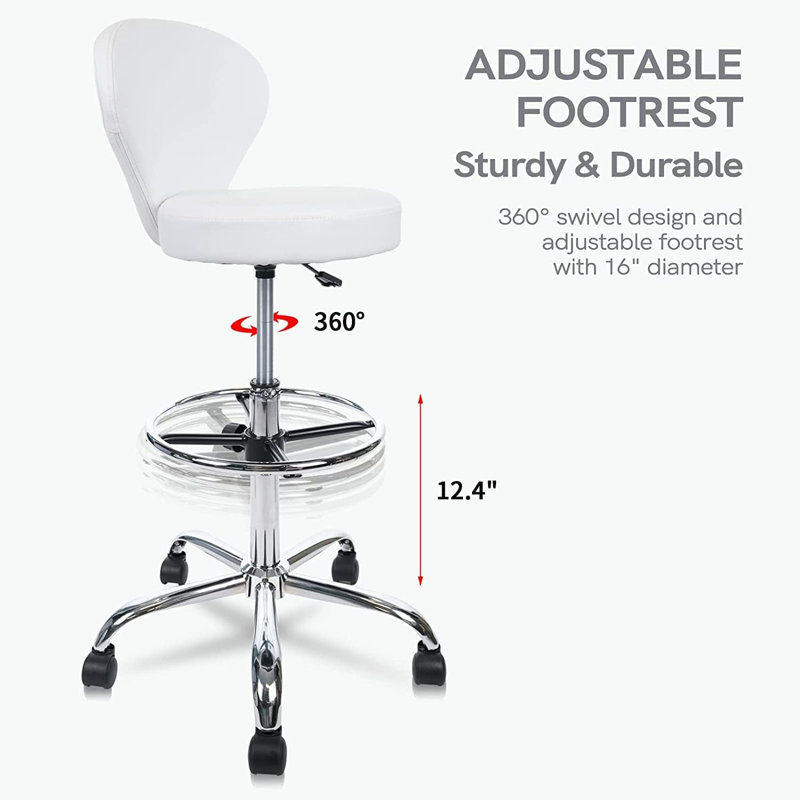 Backed Adjustable Height Ergonomic Lab Stool with Footring Wheels, White