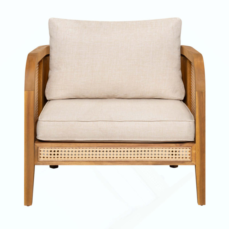 Fauteuil bohémien d'extérieur en rotin, fauteuil club en bois d'acacia massif résistant aux intempéries avec revêtement moelleux pour terrasse de jardin