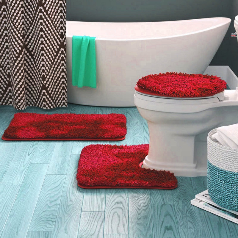 Ayser Non-Slip Bath Rug - Lid Cover Rug - Contour Rug, Red
