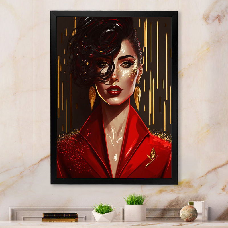 Ravissante femme en rouge III - impression, Cadre d'angle fermé noir, H 20 po x l 12 po x P 1 po