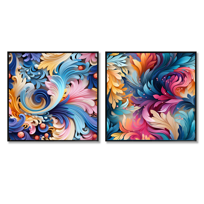 Eilerman - Ensemble de 2 collages abstraits carrés, Cadre flottant noir, H 16 po x l 33 po