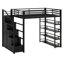 Lit mezzanine en métal avec tablettes de rangement, armoires et garde-robe