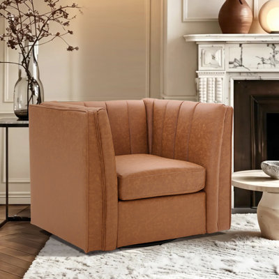 Allard 34.7'' W Swivel Chair Channel Tufted Faux Leather Vanity Armchair