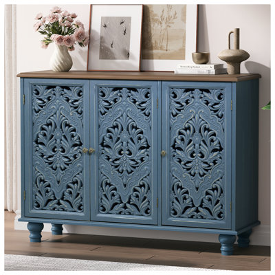 Accent Cabinet With 3 Doors, Storage Cabinet With Solid Wood Legs And Adjustable Shelves, Sideboard Buffet For Living Room, Entryway, Dining Room, Bedroom, Blue
