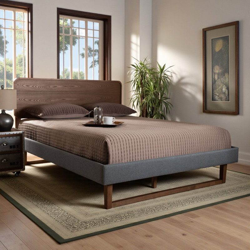Lit plateforme double tapissier Omaque gris foncé / noyer cendré H 58,3 po x l 57 po x L 79 po, Complète