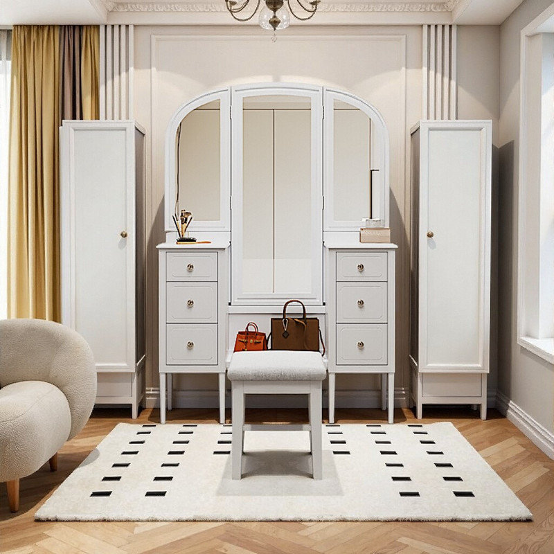 47 Inch Antique Vanity Set with Triple Mirror, 6 Drawer Dressing Table and Stool for Bedroom