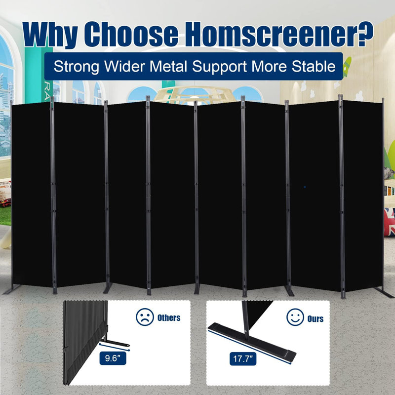 Black Steel and Polyester Folding Room Divider, 176'' W