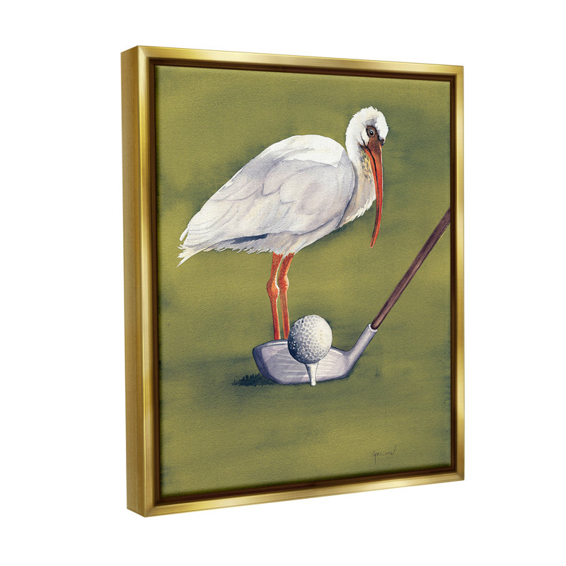 «Bird With Golf Club» par Christine Reichow sur toile, Cadre flottant métallique doré, H 21 po x l 17 po