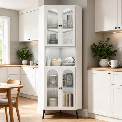Tall Metal Corner Cabinet, Freestanding Storage Cabinet with Fluted Glass Doors & Open Compartment, White Display Pantry Cabinet for Kitchen, Bathroom, Living Room