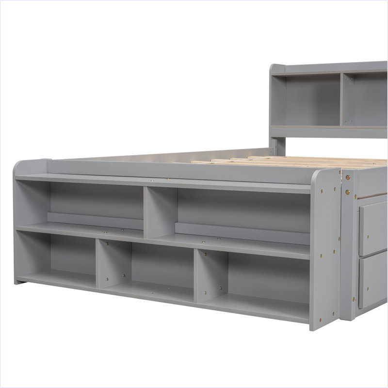 Full Bed With Bookcase Headboard, Under Bed Storage Drawers And Bed End Storage Case, Gray