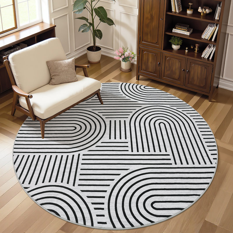 Round Rug 4 Ft Modern Abstract Stripe Rug Machine Washable Foldable Circular Carpet Non Slip Backing Non Shedding for Bedroom Nursery Living Room White