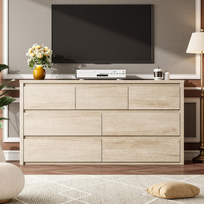 7 Drawer Wide Wood Dresser, Modern Chest with Large Storage for Bedroom & Hallway