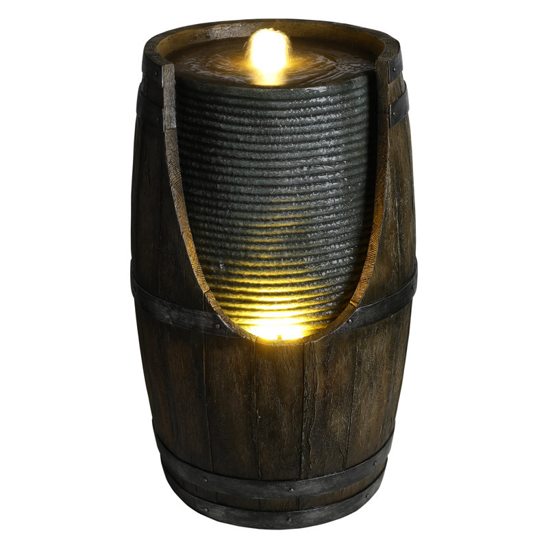 Rustic Barrel Outdoor Water Fountain with Bird Waterer, Warm LED Lights, and Weather-Resistant Polyresin Garden Waterfall