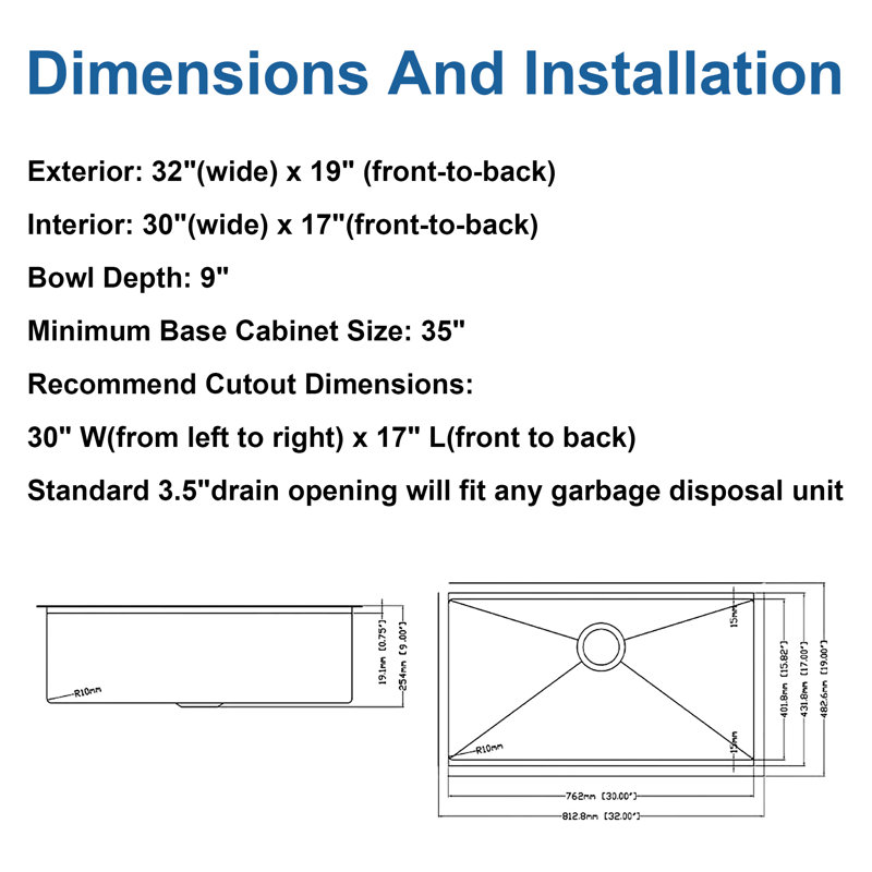 Évier de cuisine 33 encastrable 33 po - Évier de cuisine encastrable 33 po x 19 po en acier inoxydable de calibre 18