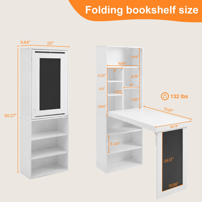 Bureau pliant avec rangement, table d'écriture convertible et pliable avec tableau noir et étagères, table-armoire pliante pour petits espaces/bureau à domicile/atelier de loisirs créatifs (blanc)