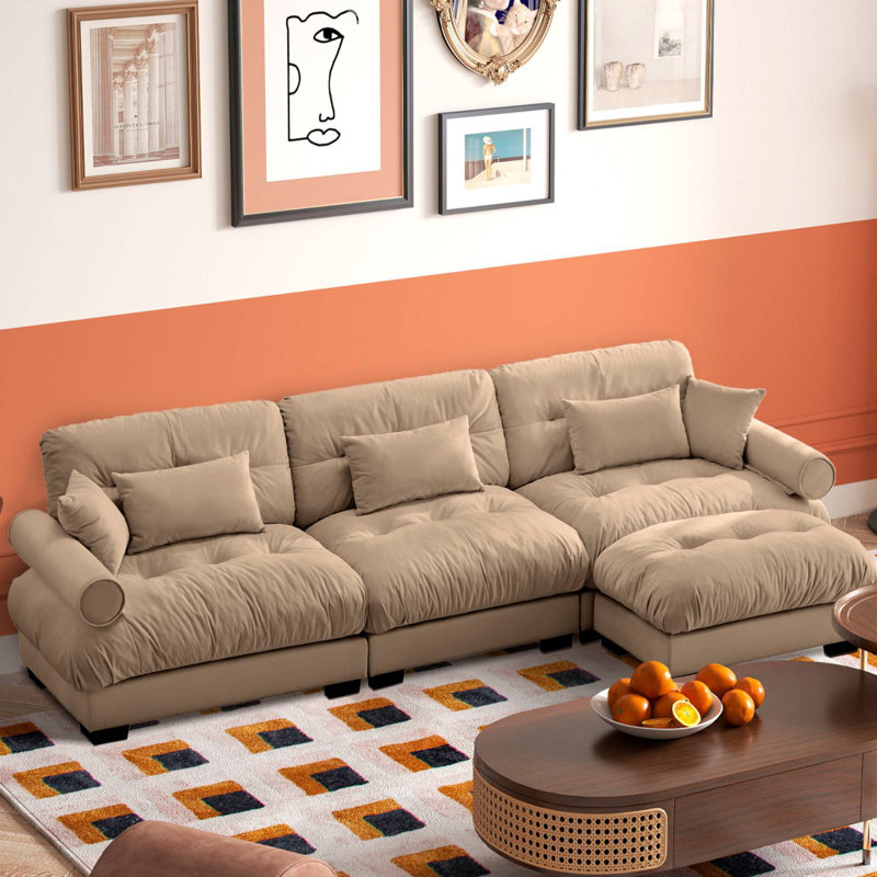 130" L-Shaped Velvet Upholstered Sectional With Ottoman, Tan Velvet