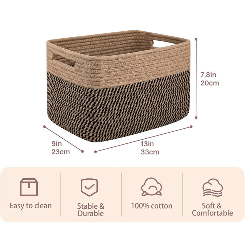 Set of 4 Woven Cotton Rope Storage Baskets – 13"×9"×7.8" Rectangular Organizer with Skeleton Handles