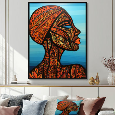 Tribal Wisdom Nubian Retro Portrait On Blue - Modern Woman Wall Art Print
