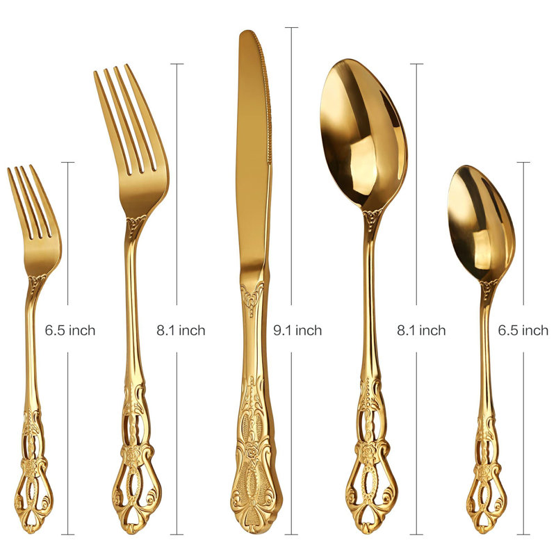 Ensemble de couverts titane en acier inoxydable plaqué or, ensemble de 20 pièces en or, ensemble de couverts en acier inoxydable antirouille doré, y compris une cuillère à fourchette et un couteau