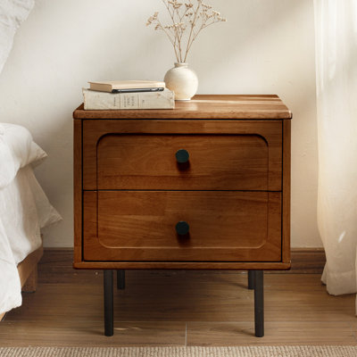 Table de chevet en bois massif à 2 tiroirs - Table de chevet moderne Mid-Century, table de chevet pour la chambre à coucher et le salon avec pieds en métal robustes, capacité robuste de 154 lb, facile à assembler