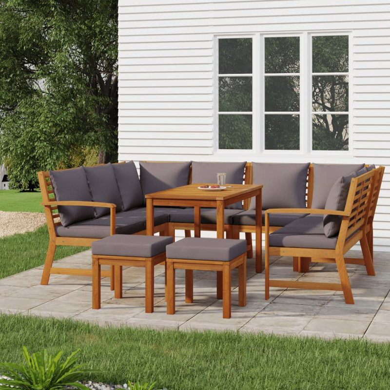 Custis 12 - Person Acacia Patio Dining Set with Rectangular Table , Cushions Included, Gray