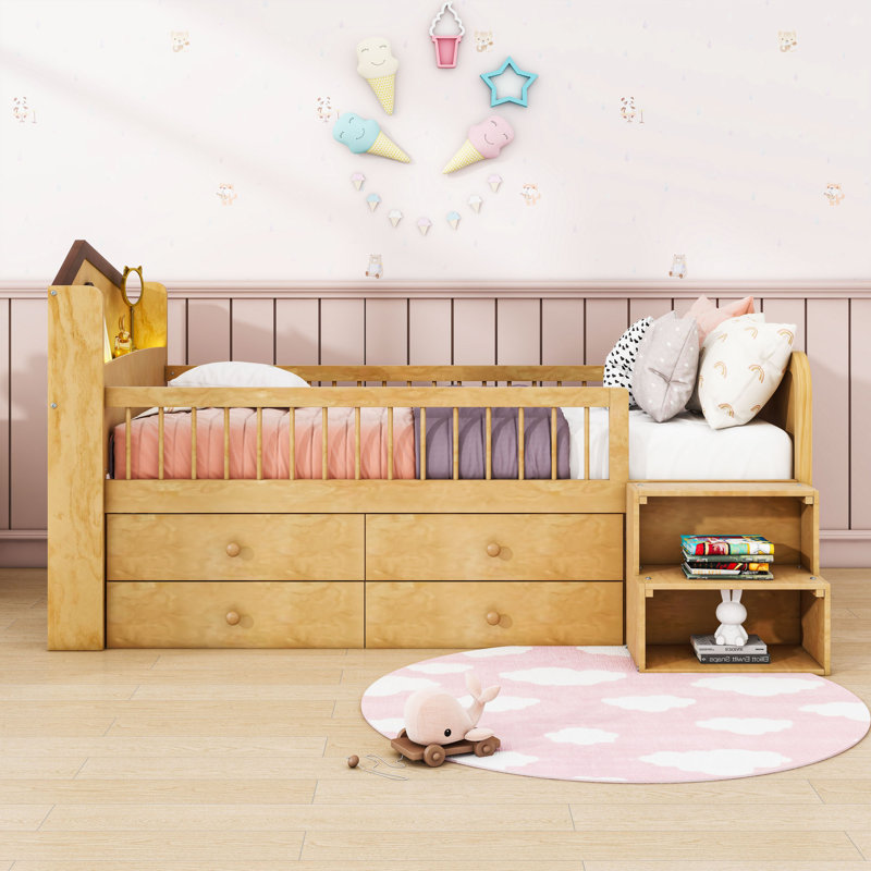 Twin Wooden Loft Bed With LED Lighted, Drawers And House-Shaped Headboard, Natural