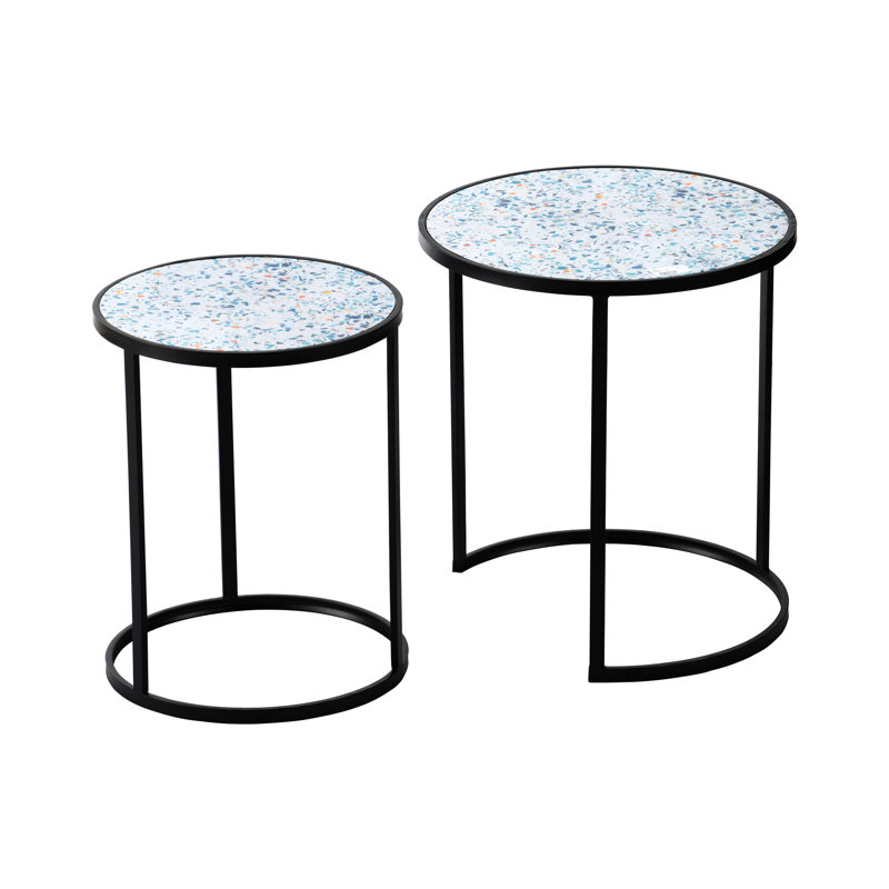 Ensemble de 2 tables d'appoint empilables, structure en métal, idéales pour les petits espaces (salon, bureau), en fer noir, montage non requis.