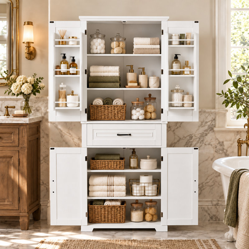 Stepheny Bathroom Storage Cabinet with Drawer and Adjustable Shelves, 29.8"W x 72.1"H x 15.6"D, White